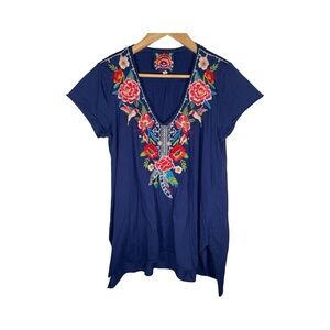 Johnny Was LA navy blue short sleeve embroidered tunic small